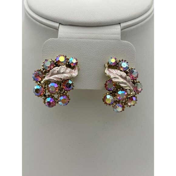 Aurora Borealis Flower Gold Tone Leaf Clip Earrings Necklace Set - Picture 4 of 16